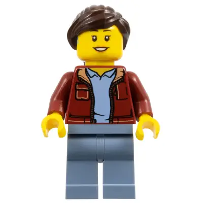  Woman, Dark Red Jacket with Bright Light Blue Shirt, Sand Blue Legs, Dark Brown Hair