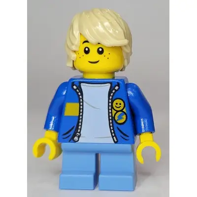  Child - Boy, Blue Jacket with Yellow Stripe, Medium Blue Short Legs, Tan Tousled Hair, Freckles