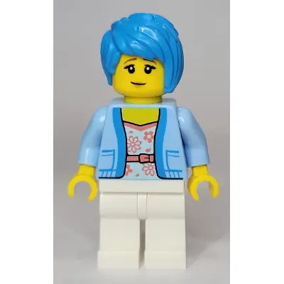  Woman - Bright Light Blue Jacket over White Shirt with Coral Flowers, White Legs, Dark Azure Tousled Hair