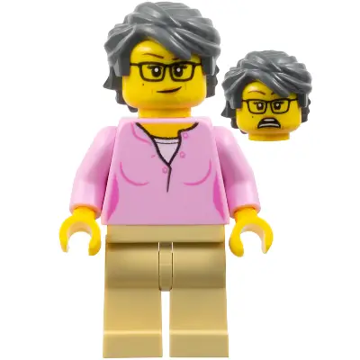  Woman, Bright Pink Shirt, Tan Legs, Dark Bluish Gray Swept Back Tousled Hair