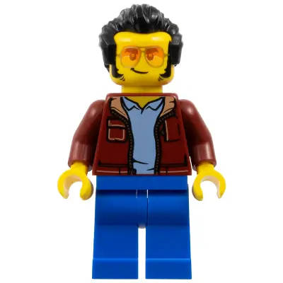  Man, Dark Red Jacket with Bright Light Blue Shirt, Blue Legs, Black Widow's Peak Hair