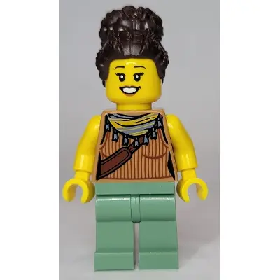  Woman, Medium Nougat Tank Top with Reddish Brown Ribbing and Should Bag, Sand Green Legs, Dark Brown Coiled Hair in High Bun