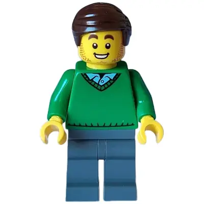  Mover - Male, Green V-Neck Sweater, Dark Bluish Gray Legs, Dark Brown Hair