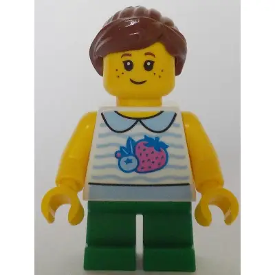  Child - Girl, White Collared Shirt with Fruit, Green Short Legs, Reddish Brown Ponytail, Freckles