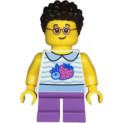  Child - Girl, White Collared Shirt with Fruit, Medium Lavender Short Legs, Dark Brown Short Coiled Hair, Glasses, Freckles