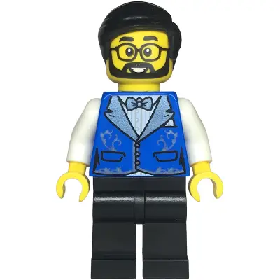 Hotel Receptionist - Male, Blue Vest with Metallic Light Blue Lapels, Black Legs, Black Hair, Beard and Glasses