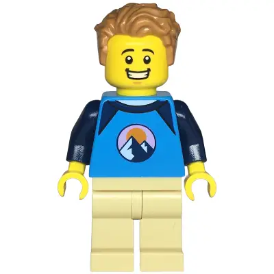  Wheelchair User - Male, Dark Azure and Dark Blue Shirt with Mountains, Tan Legs, Medium Nougat Tousled Hair