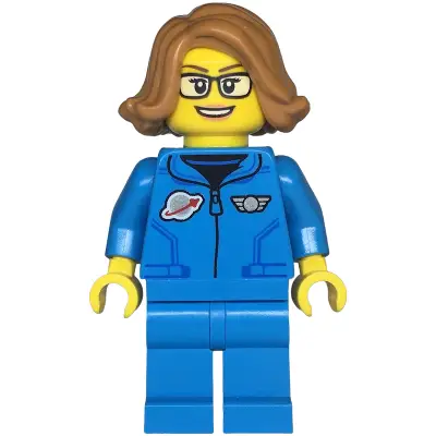  Space Scientist - Female, Dark Azure Jumpsuit, Medium Nougat Hair, Glasses, Open Mouth Smile