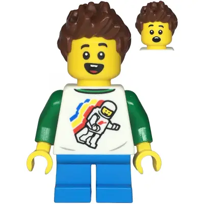  Child - Boy, Classic Space Shirt with Minifigure Floating and Back Print, Dark Azure Short Legs, Reddish Brown Spiked Hair