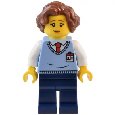  Natural History Museum Employee - Female, Bright Light Blue Sweater Vest with ID Badge, Dark Blue Legs, Reddish Brown Hair