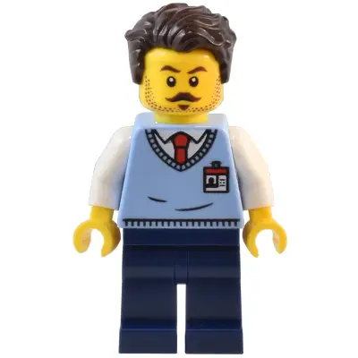  Natural History Museum Employee - Male, Bright Light Blue Sweater Vest with ID Badge, Dark Blue Legs, Dark Brown Tousled Hair