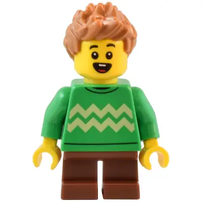  Child - Boy, Bright Green Sweater with Bright Light Yellow Zigzag Lines, Reddish Brown Short Legs, Medium Nougat Spiked Hair