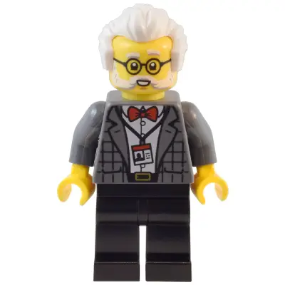  Natural History Museum Curator - Male, Dark Bluish Gray Plaid Jacket with Red Bow Tie, Black Legs, White Hair, Glasses