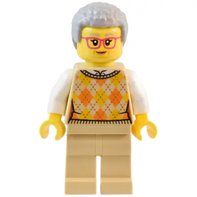  Natural History Museum Visitor - Female, Tan Knit Argyle Sweater Vest, Tan Legs, Light Bluish Gray Coiled Hair, Glasses