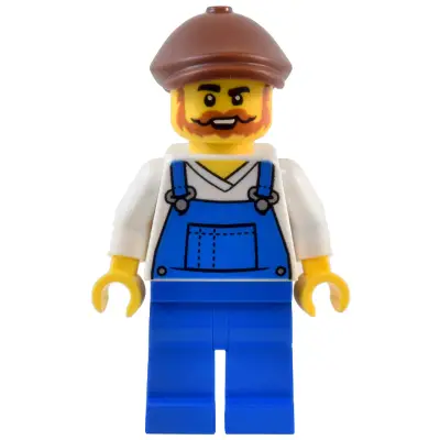  Natural History Museum Window Washer - Male, Blue Overalls over V-Neck Shirt, Blue Legs, Reddish Brown Flat Cap, Beard