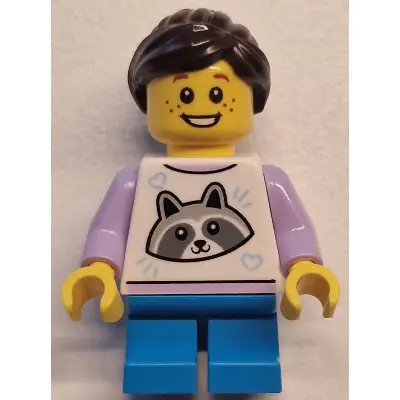  Child - Girl, White Top with Raccoon, Dark Azure Short Legs, Dark Brown Hair Ponytail, Freckles