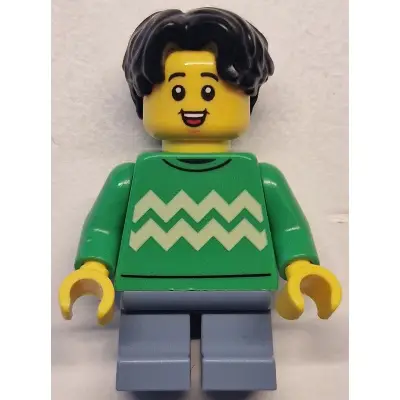  Child - Boy, Bright Green Sweater with Bright Light Yellow Zigzag Lines, Sand Blue Short Legs, Black Hair Wavy, Freckles