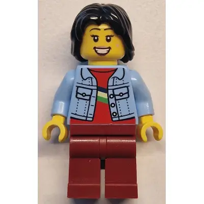  Woman - Bright Light Blue Denim Jacket, Dark Red Legs, Black Mid-Length Tousled Hair