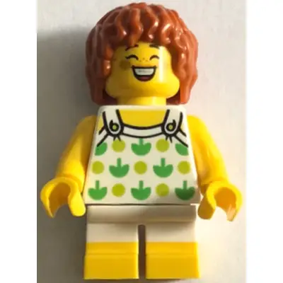  Child - Girl, White Halter Top with Green Apples and Lime Spots, White Short Legs with Yellow Feet, Dark Orange Hair