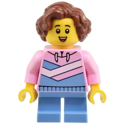  Child - Girl, Bright Pink Hoodie with Medium Blue and White Diagonal Stripes, Medium Blue Short Legs, Reddish Brown Wavy Hair