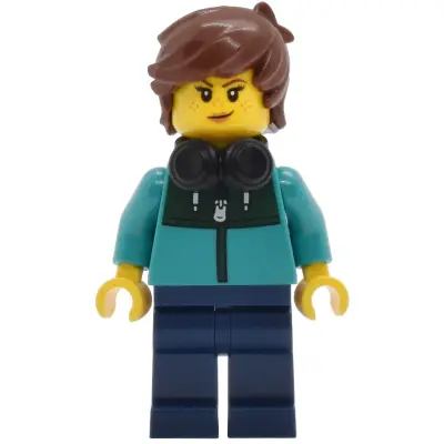  Tudor House Resident - Dark Turquoise Jacket with Dark Green Panel, Dark Blue Legs, Reddish Brown Hair Tousled, Black Headphones