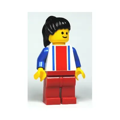 Vertical Lines Red & Blue - Blue Arms - Red Legs, Black Ponytail Hair