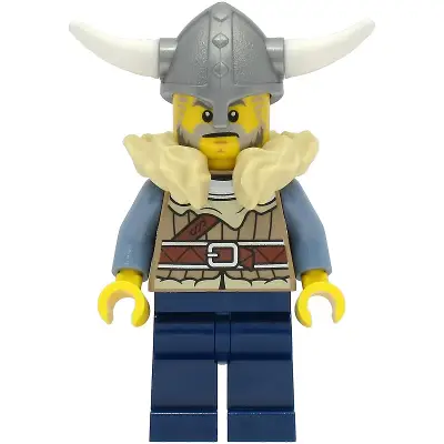  Viking Warrior - Male, Dark Tan Jacket with Tan Fur, Dark Blue Legs, Flat Silver Helmet