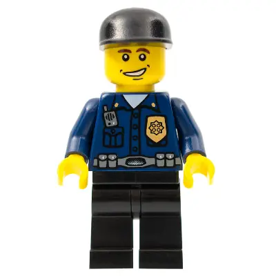  Police - World City Patrolman, Dark Blue Shirt with Badge and Radio, Black Legs, Black Cap, Smile