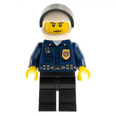  Police - World City Patrolman, Dark Blue Shirt with Badge and Radio, Black Legs, White Helmet, Black Visor